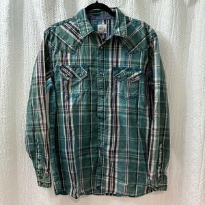 Moon‎ Shine Western Plaid Dadcore Pearly Snap Button Shirt Men's Size Large